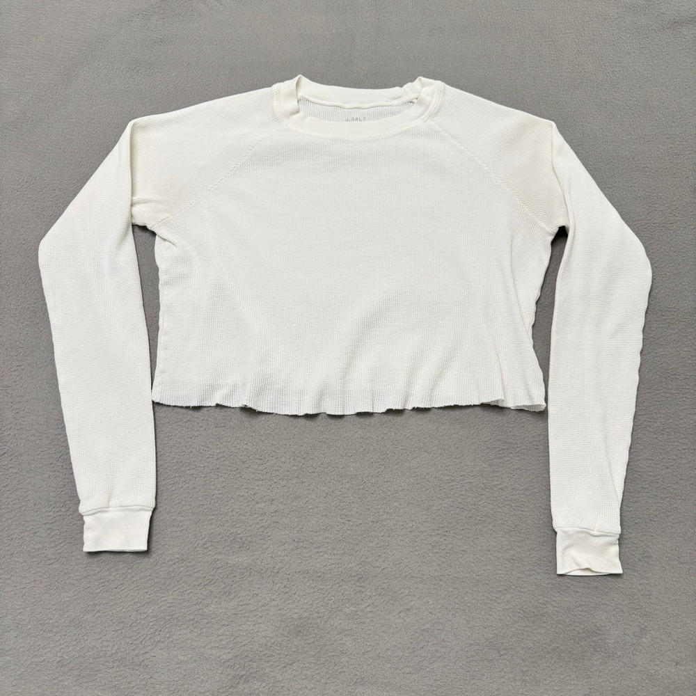 J Galt Thermal Top Women OS White Cotton Waffle Knit Cropped Long Sleeve Shirt